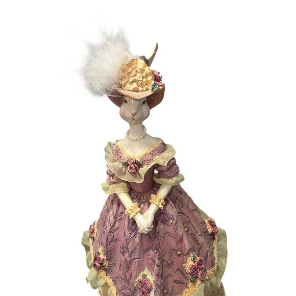 Vintage Victorian-Style Bunny Figurine In Pink Dress With Hat & Feathers - Picture 4 of 10